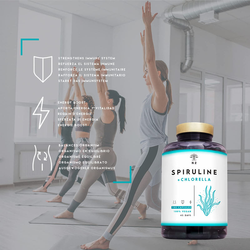 Chlorella Spirulina Tablets 1250mg Powerful Antioxidant,Helps Immune System,Reduces Fatigue.Provides Iron, Eliminates Heavy Metals.180 Vegetable Capsules.1250mg.UK Vegan Certified.N2 Natural Nutrition - BeesActive Australia