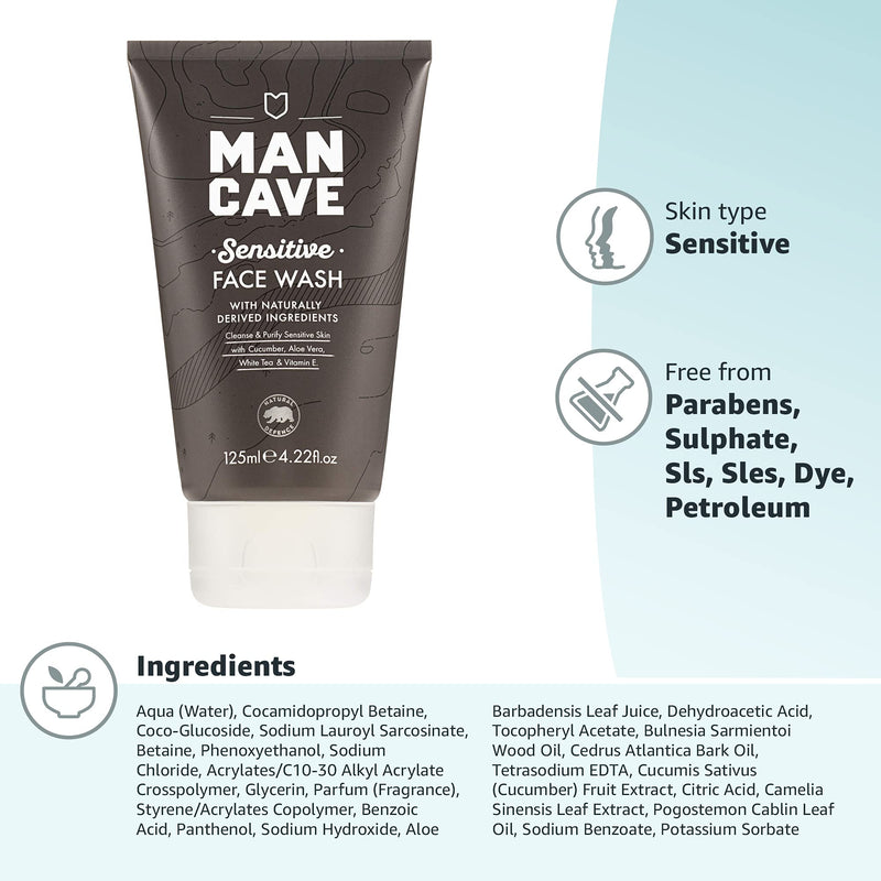 ManCave Sensitive Face Wash 125ml for Men, Suitable for Sensitive Skin, Natural Formulation, Vegan Friendly, Tube made using Recycled Plastics - BeesActive Australia