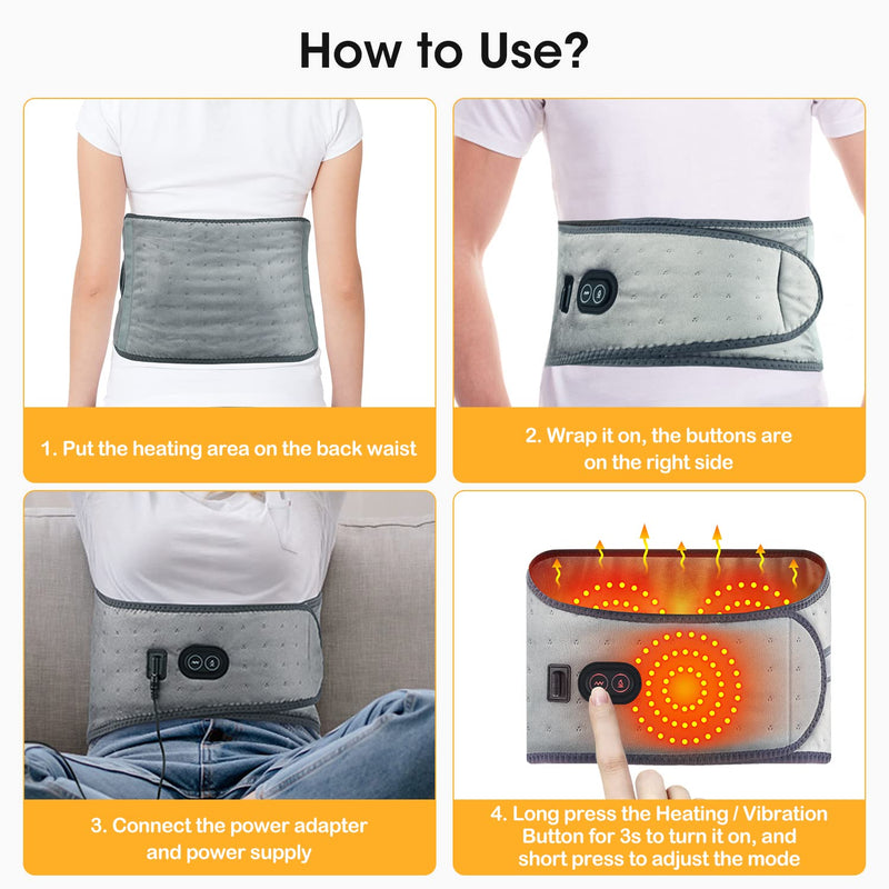 Electric Heating Pad for Back and Belly Massage, Heated Waist Belt Abdomen Warmer Belt with 3 Fast Heating Massaging Modes, Super Soft for Waist Back Pain Relief with 1.2m Adapter-49inches Long 49x9in Light Grey - BeesActive Australia