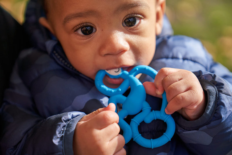 Matchstick Monkey, Mini Teething Toy for Baby, Stimulates and Massages Sore Gums, 3 Months Old+,Blue 1 Mini Monkey Teether Blue Monkey - BeesActive Australia