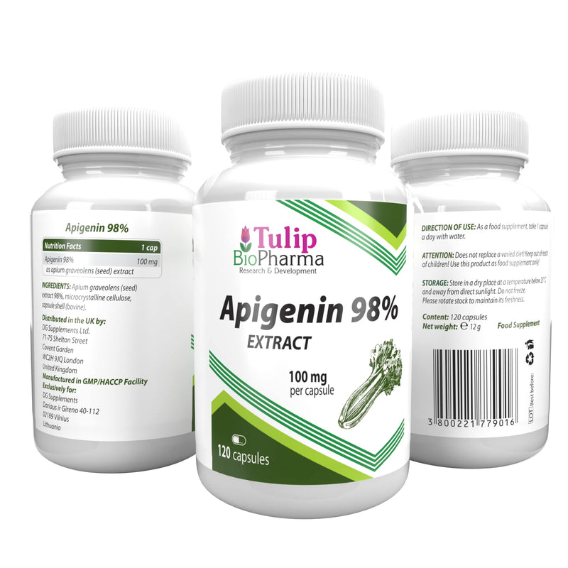Tulip BioPharma Apigenin 100mg 120 Capsules, 3rd Party Lab Tested, High Strength Supplement, Gluten and GMO Free - BeesActive Australia
