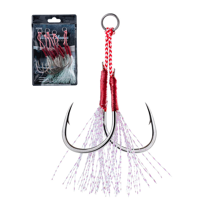 Goture Silver Bucktail Jigging Double Fishing Assist Hooks Kit for Lead Vertical Jigging Lures Jigging Slow Fast Jigs, Pack of 5 #1/0 0.53oz(5pcs) - BeesActive Australia