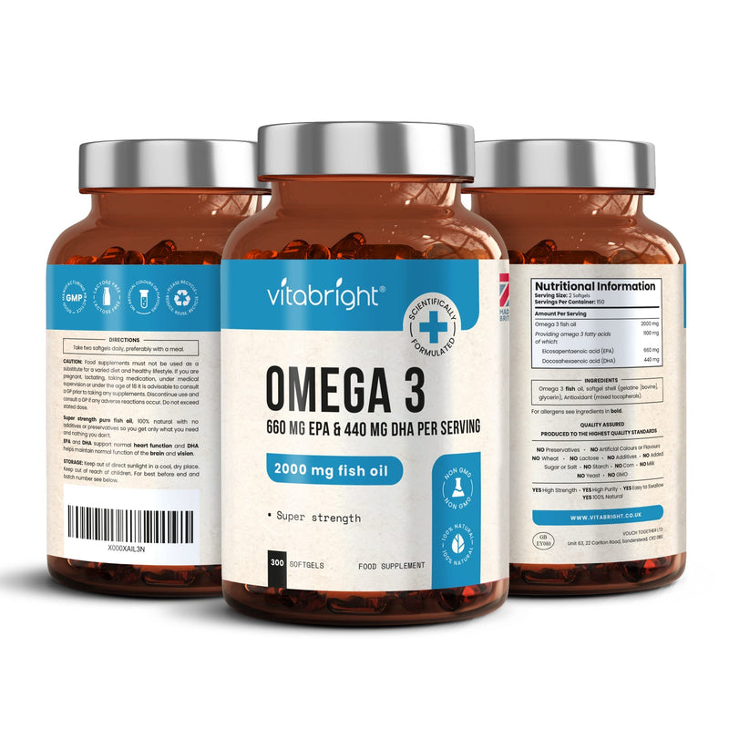 Omega 3 Pure Fish Oil 2000mg - 300 Softgel Capsules (5 Months Supply) - 660mg EPA & 440mg DHA per Serving - Supports Brain, Heart Function and Eye Health - Made in The UK by VitaBright - BeesActive Australia