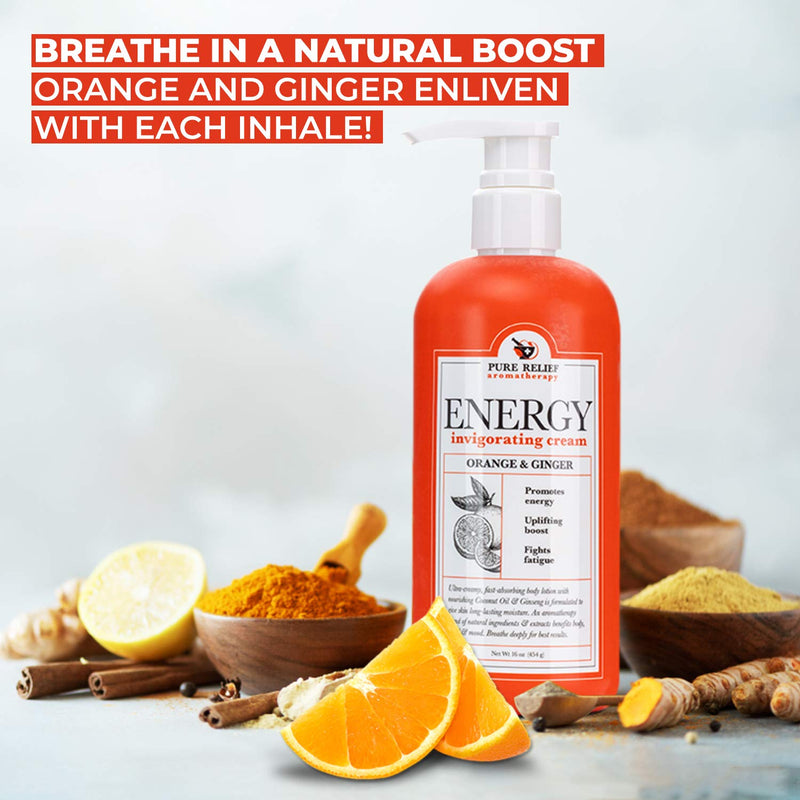 Orange-and-Ginger Energy Body Cream Aromatherapy Body Lotion with Coconut Oil, Ginseng Oil, Shea Butter Hydrating Natural Extracts Moisturize & Smooth Dry Skin by Pure Relief, 16 Oz. - BeesActive Australia