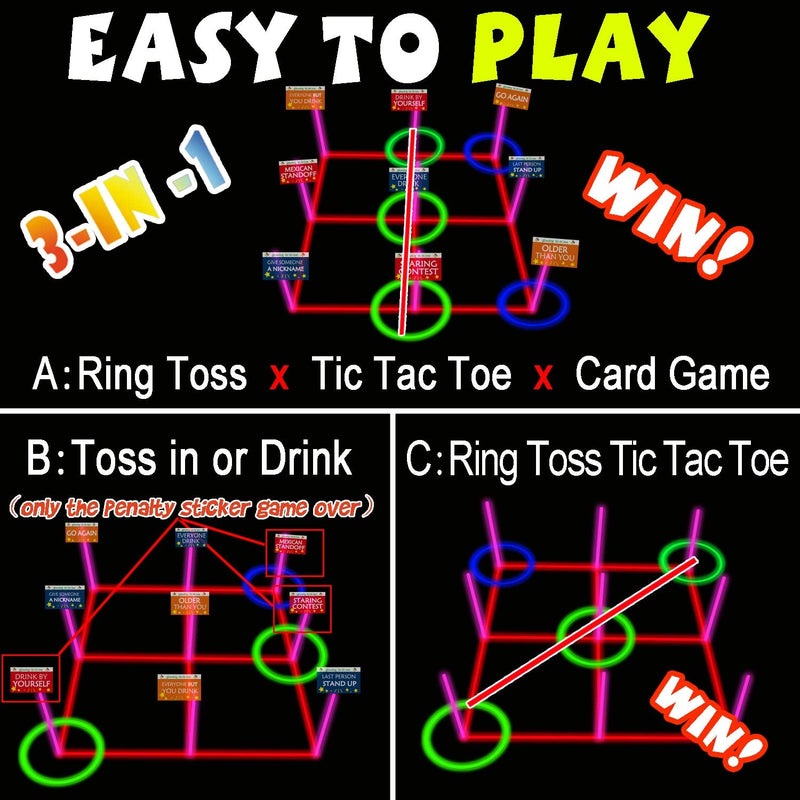 Ring Toss Games Glowing 3-in-1 Tic Tac Toe Game Indoor/Outdoor Games for Adults and Family - Fun Camping, Backyard Toys, Carnival Games or Dorm Room Game, Sticker with Content - BeesActive Australia