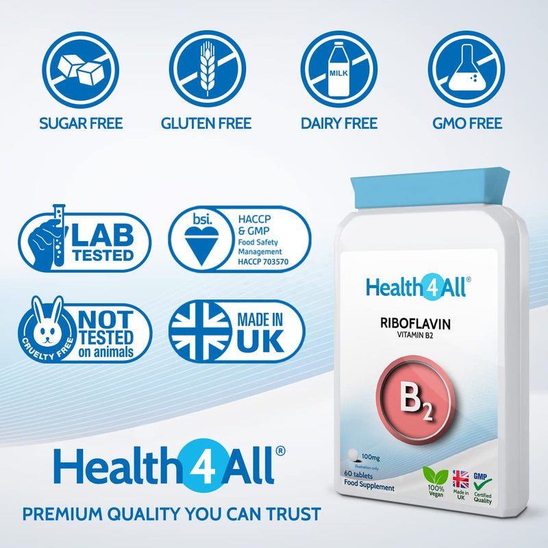 Vitamin B2 Riboflavin 100mg 60 Tablets Migraine Support, Stress and Energy. Vegan. Made by Health4All 60 Count (Pack of 1) - BeesActive Australia