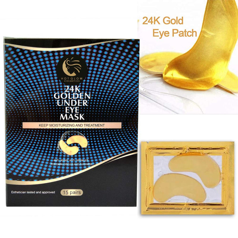 Hot Glow Cosmetics 24K Gold Under Eye Mask/Patches with Collagen and Hyaluronic Acid, Treatment for Anti-Wrinkle, Anti-aging, Moisturizing, Firming, Dark Circles, Puffiness (15 pairs) - BeesActive Australia