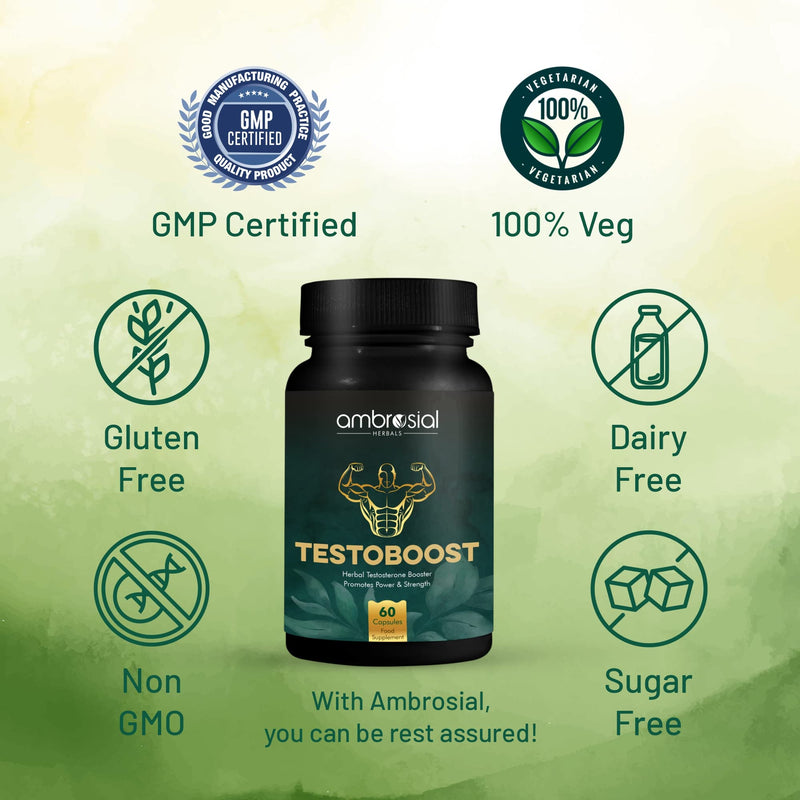 Ambrosial Testoboost Ultra Premium Herbal Testosterone Booster for Men | Blend of 3 Natural Herbs Testosterone Supplements for Men | Support Muscle Growth & Energy Boost (Pack of 1-60 Capsules) Pack of 1- 60 Capsules - BeesActive Australia