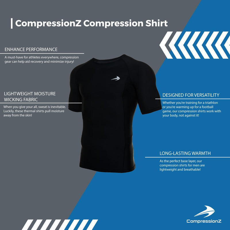 CompressionZ Men's Short Sleeve Compression Shirt - Athletic Base Layer Black 2XL 48.5"-52" - BeesActive Australia