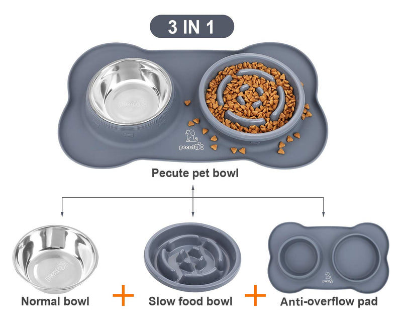 Pecute Dog Bowls Slow Feeder Bloat Stop Pet Bowl Eco-Friendly Non-Toxic No Chocking Healthy Design Bowl with No-Spill Non-Skid Silicone Mat Stainless Steel Water Bowl for Dogs Cats and Pets M-13.5oz/bowl Grey Bowl - BeesActive Australia