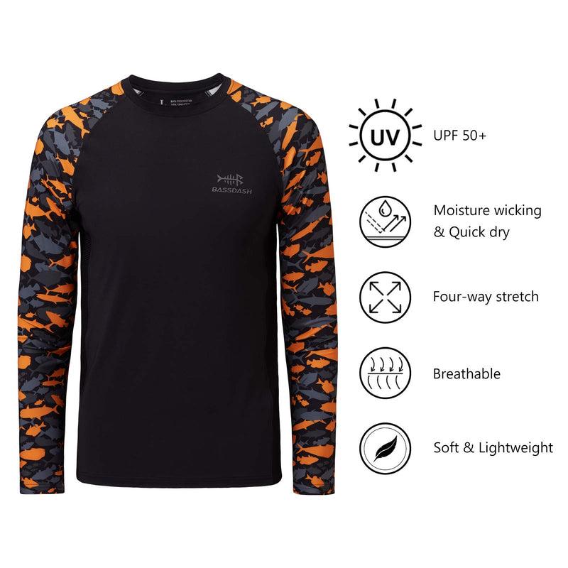 Bassdash Youth UPF50+ Camo Long Sleeve Fishing Shirt UV Protection Quick Dry Tee Black/Black & Orange Fishes Small - BeesActive Australia