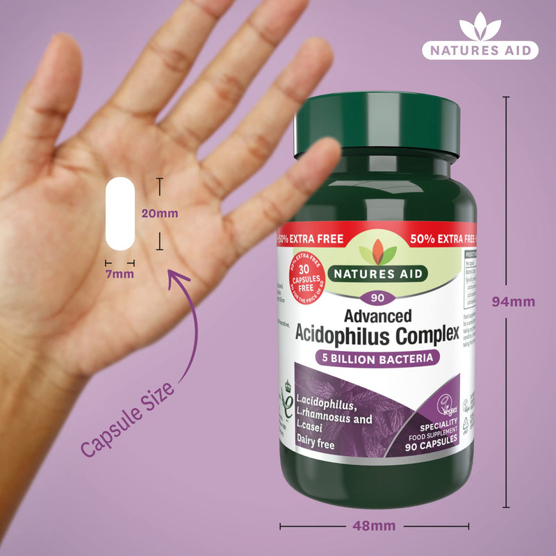 Natures Aid Acidophilus Complex, 5 Billion Bacteria, 90 Capsules (Lactobacillus Acidophilus, Lactobacillus Rhamnosus, Lactobacillus Casei, Good Bacteria, Shelf Stable, Vegan Society Approved) - BeesActive Australia