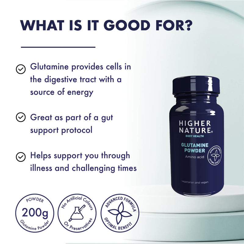 Higher Nature - Glutamine Powder - Amino Acid - Pure Glutamine Powder for Gut Health - Vegetarian & Vegan - 200g Powder - BeesActive Australia