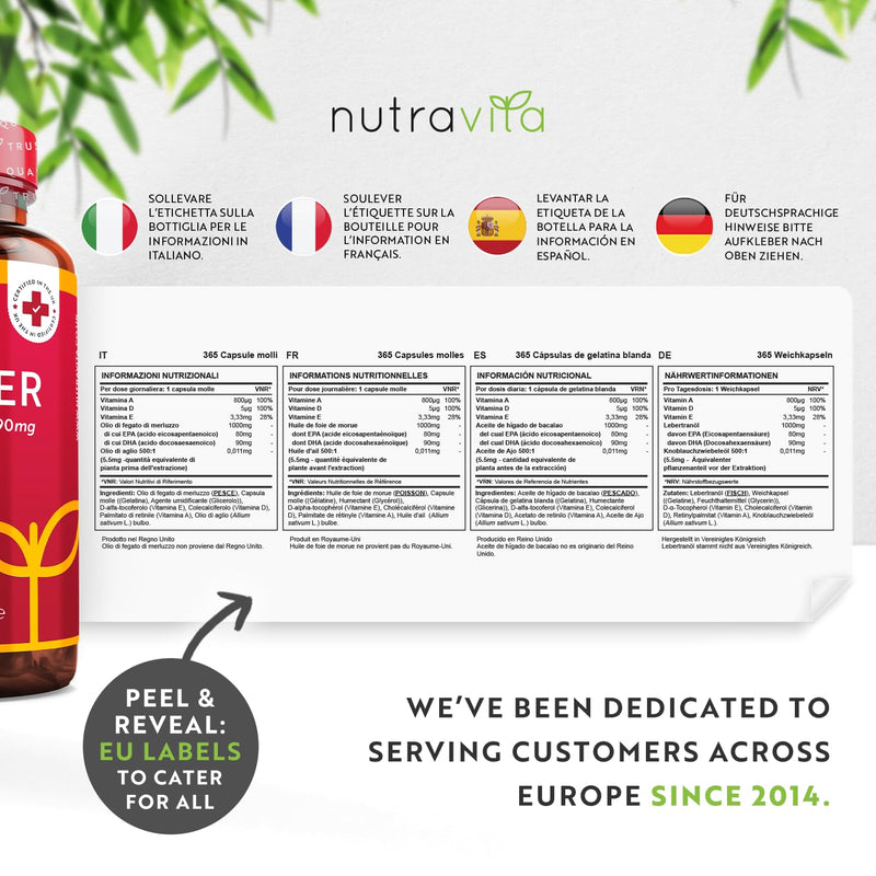 Cod Liver Oil 1000mg - 365 Softgels of Premium Cold Pressed Fish Oil - Rich in High Strength Omega 3, Vitamins A, D, E & Garlic Oil - Supports Heart & Brain Health - Made in The UK by Nutravita - BeesActive Australia
