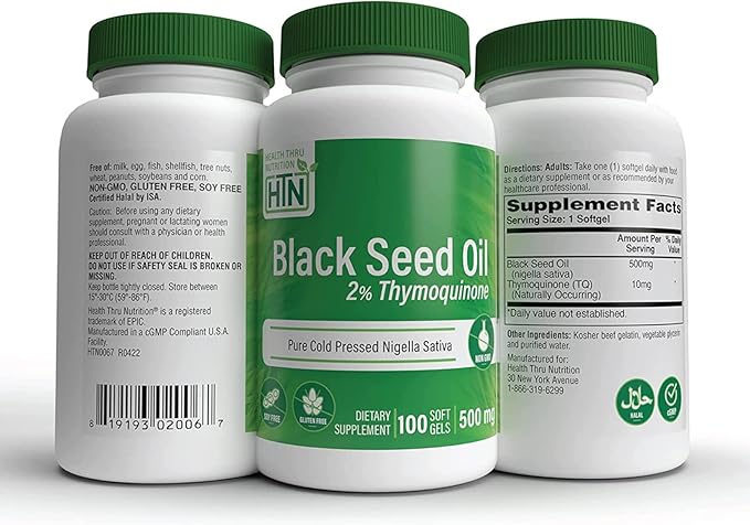 Health Thru Nutrition Black Cumin Seed Oil Supplement 500mg - High Performance 2% Thymoquinone Black Seed (Nigella Sativa) Cold Pressed Oil, Non-GMO, Gluten-Free, Soy-Free (100 Softgels) - BeesActive Australia