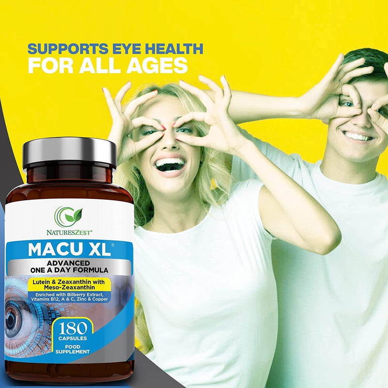 Macu XL - Lutein and Zeaxanthin Supplement - 6 Month Supply with Meso Zeaxanthin, Bilberry Extract, Vitamins A, B12 & Zinc, 180 Vegan Capsules - Eye Supplement for Vision Health � Packaging May Vary - BeesActive Australia