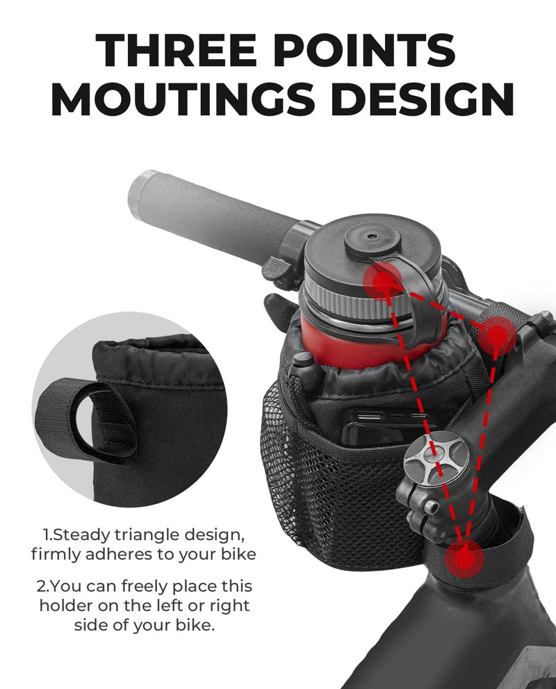kemimoto Bike Cup Holder, Bicycle Water Bottle Holder Handlebar Drink Holder with Mesh Pockets Phone Bag for Cruiser, Mountain Bike, Scooter, Folding, Road Bike, Wheelchair 1 Pack 5" / 1 Pack - BeesActive Australia