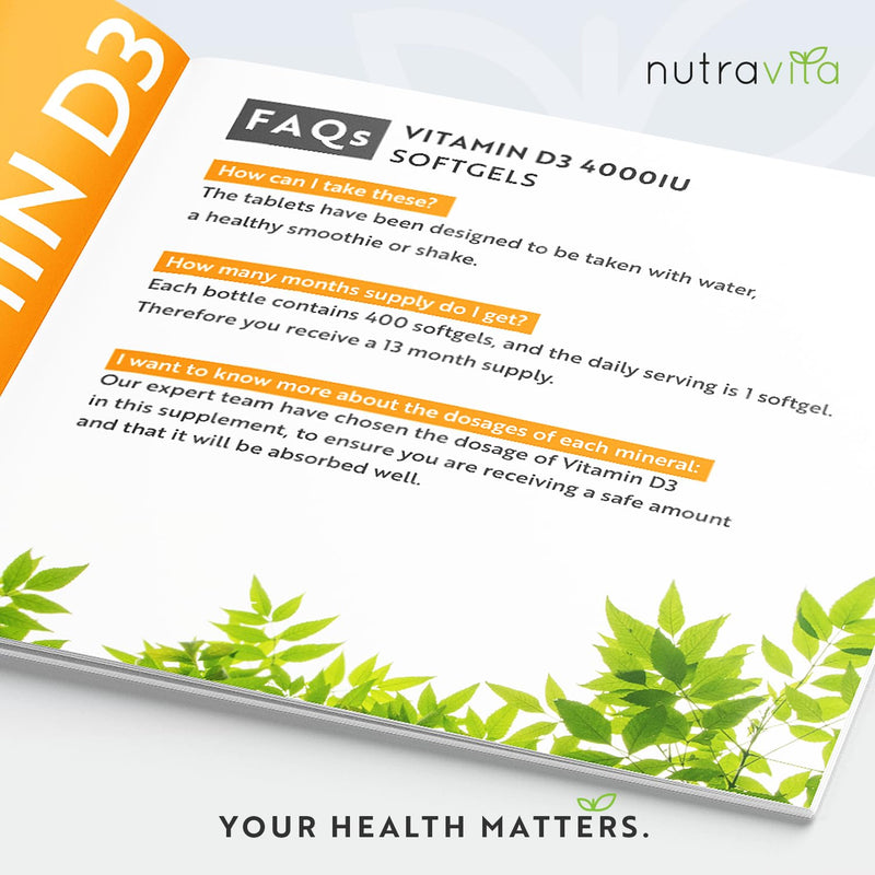 Vitamin D3 4000 iu - 400 High Strength Easy to Swallow Premium Softgels - Over A Year's Supply (One a Day) - Max Strength Vitamin D3 Cholecalciferol Supplement - Manufactured in The UK by Nutravita - BeesActive Australia