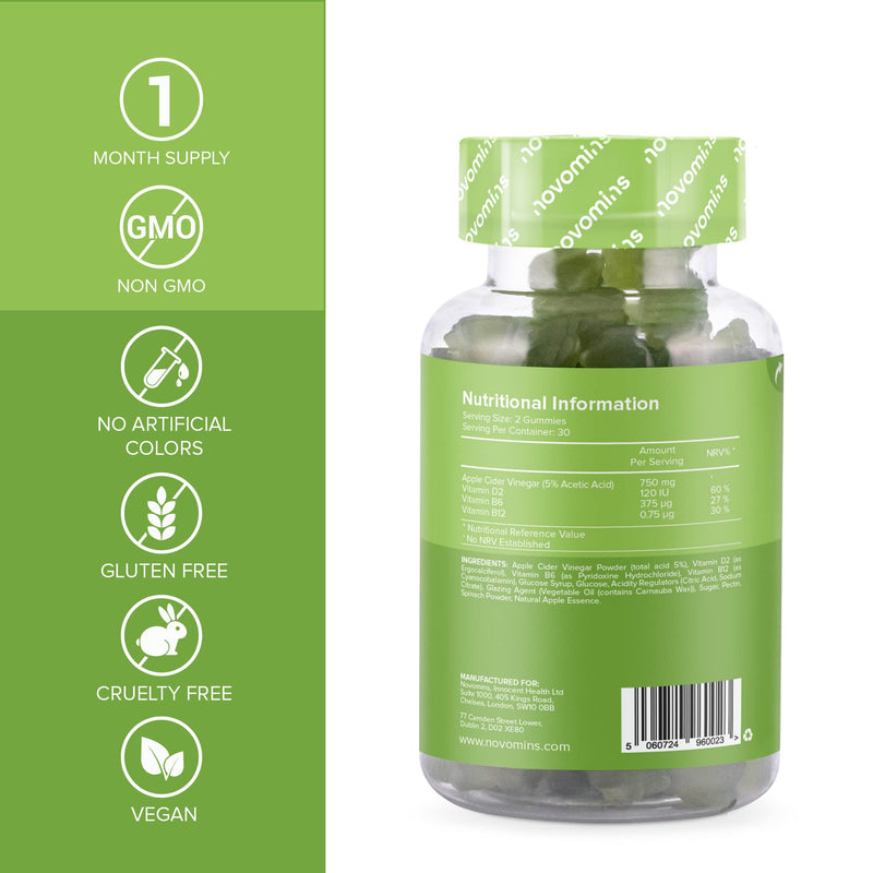 Apple Cider Vinegar Gummies – High Strength Vegan Apple Cider Vinegar Gummies with the Mother - Natural ACV Enhanced with Vitamin B12 B6 and D - Made by Novomins - BeesActive Australia