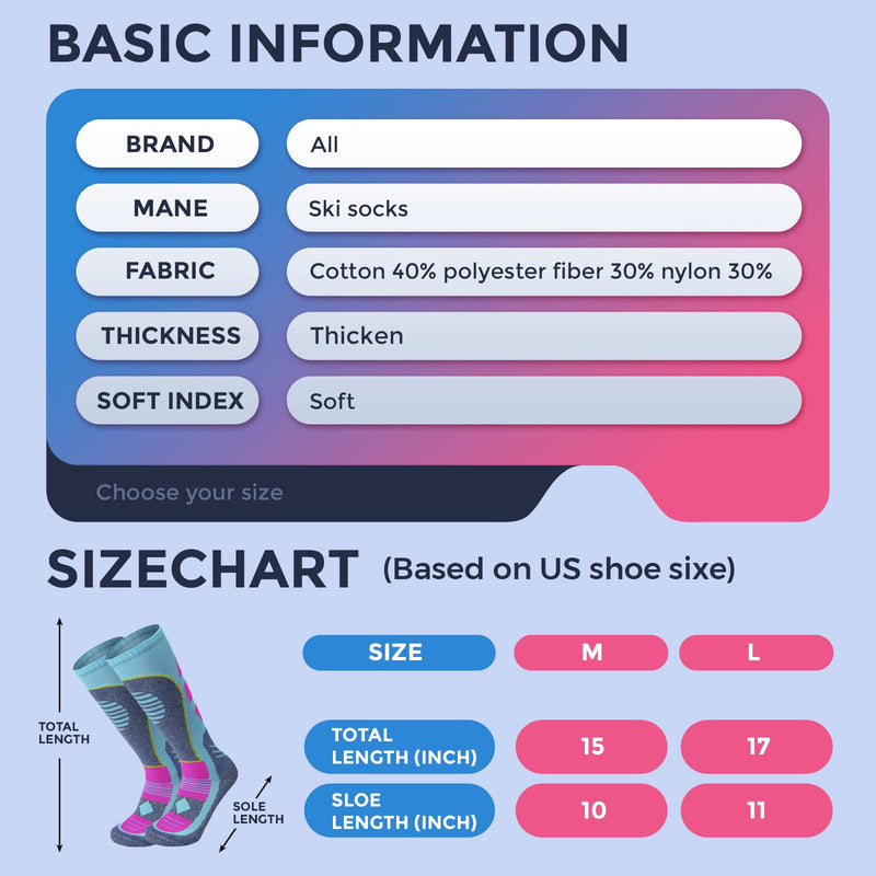 AII Thermal Ski Socks Mens and Women（2 Pairs）,Cross Country Skis Snowboard socks for Skiing Outdoor socks 1purple+1blue Medium - BeesActive Australia