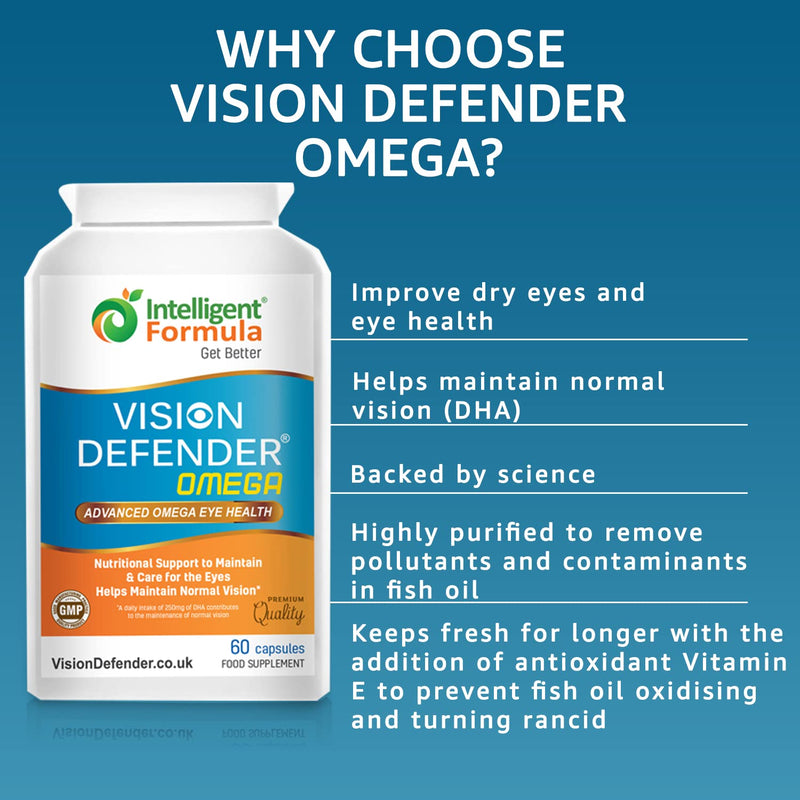 VISION DEFENDER OMEGA Eye Supplement - High Strength 1000mg Pure Omega-3 Fatty Acids Fish Oil (400mg EPA, 200mg DHA per capsule) + Vitamin E - Eye Care & Relief for Dry Eyes - (60 Softgels) Made in UK - BeesActive Australia