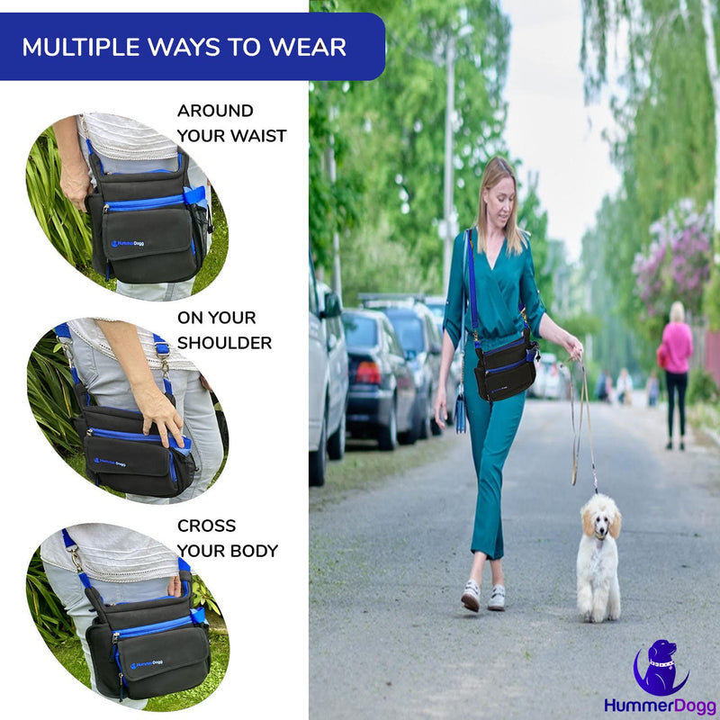 HummerDogg Dog Treat Bag with 15 Dog Poo Bags - Blue Dog Walking Bag - Adjustable Strap Dog Travel Bag with Bamboo Charcoal Odour Bag 7.5 x 2 x 9.8 inches - Neoprene Dog Treat Pouch with Bottle Holder - BeesActive Australia