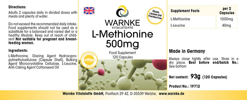 - L-Methionine 500mg - Vegan - 120 Capsules | Warnke Vitalstoffe - BeesActive Australia
