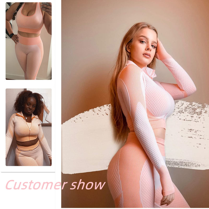 Workout Sets for Women 2 Piece - Seamless Textured High Waist Leggings and Crop Top Gym Sets 2 Piece-pink Medium - BeesActive Australia