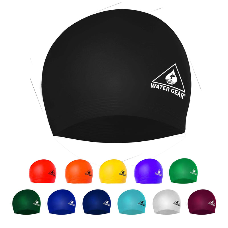 Water Gear Latex Adult Swim Cap - Durable and Flexible Unisex Non-Waterproof - Great for Short and Long Hair - Improve Your Performance - Triathlon Swimmers and Athletes BLACK - BeesActive Australia