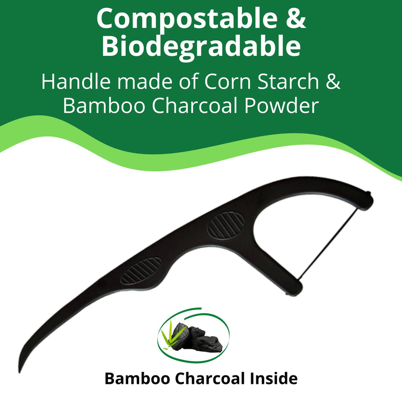 EcoYou Natural Bamboo Charcoal Dental Floss Picks | 200 Count (Pack of 4) | Candelilla Wax & Mint Flavored | Eco Friendly, Biodegradable, Plastic Free, Vegan, BPA Free - BeesActive Australia