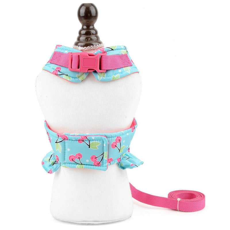 SMALLLEE_LUCKY_STORE Bow Flower Striped Print Cat Small Dog Harness Dress with Leash for Girls Adjustable No Pull Escape Proof Soft Walking Jacket Waterproof Puppies Kitten Harness Vest Outdoor M(chest 16.5-17.5 Inch) blue cherry - BeesActive Australia