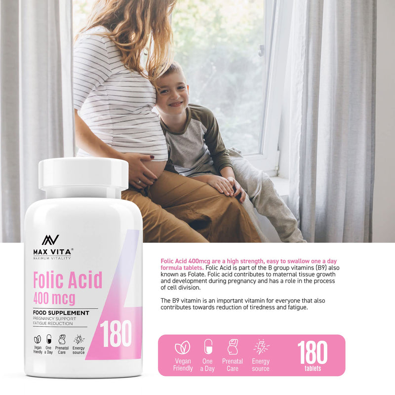 Folic Acid 400 mcg Vitamin B9 Pregnancy Care Maternal Tissue Growth During Immune System Support Energy Production Women Health 180 Vegan Tablets - BeesActive Australia