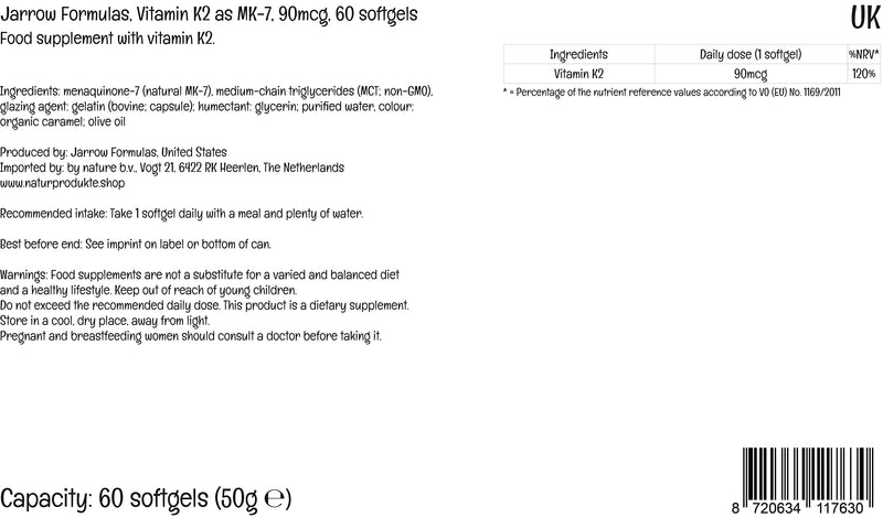 Jarrow Formulas MK-7, Vitamin K2, 90mcg, 60 Softgels, Lab Tested, Gluten Free, Soy Free, Non-GMO - BeesActive Australia