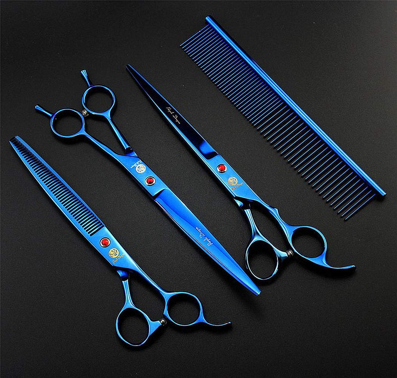 Purple Dragon 8.0" Titanium Multicolor Professional Pet Grooming Scissors Set,Straight & Thinning & Curved Scissors Shear with Bag for Dog Cat Grooming Blue - BeesActive Australia