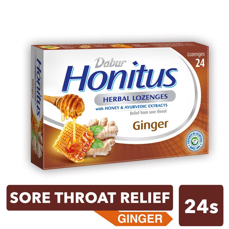 Dabur Honitus Herbal Lozenges | Effective Relief from Cough & Sore Throat Pain | Ginger Flavor - 24 Lozenges - BeesActive Australia