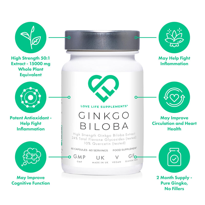 High Strength Ginkgo Biloba Capsules | 15,000mg 50:1 Extract (from Gingko Biloba Leaves) - 60 Servings | 24% Flavone Glycosides (3rd Party Tested) | Pure Ginko (No Fillers) | Love Life Supplements - BeesActive Australia