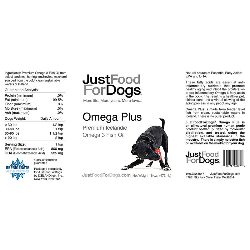 JustFoodForDogs Omega Plus Fish Oil for Dogs, Supports Healthy Joints, Skin & Coat, Aging 16 OZ Clear - BeesActive Australia