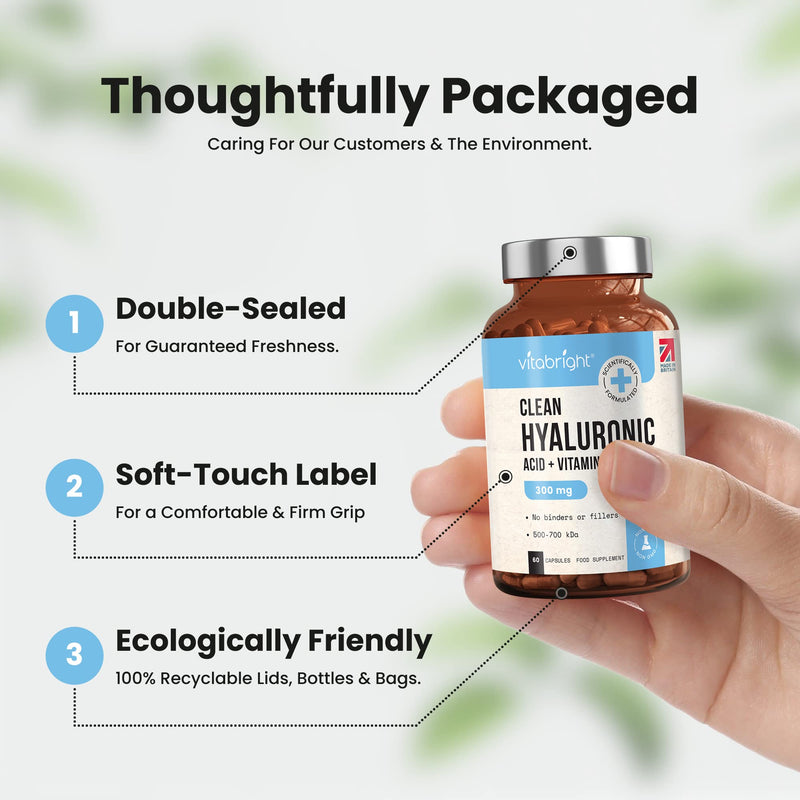Hyaluronic Acid Capsules - High Strength 300mg - Premium Grade 500-700kDa - 60 Capsules (2 Month Supply) - With Vitamin C - Natural Moisturiser For Face, Body, Skin & Joints - Made In UK By Vitabright - BeesActive Australia
