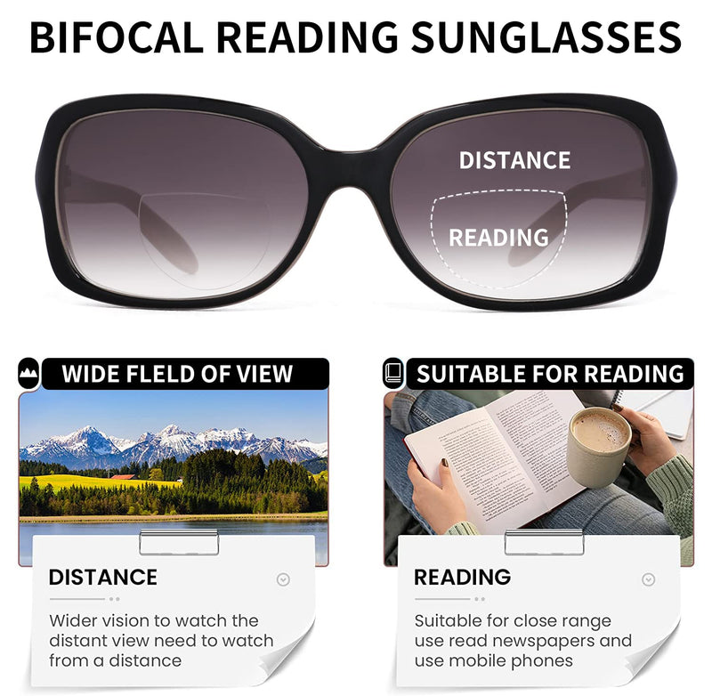 JM Classic Bifocal Reading Glasses Square Stylish Gradient Sunglasses Readers for Women Black+tortoise 2.5 x - BeesActive Australia