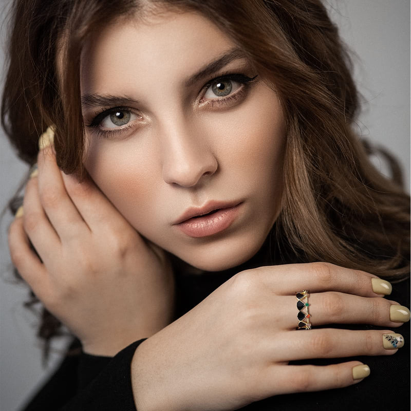 CHARMINGO Open Enamel Ring for Women, Dainty 18k Gold Plated Adjustable Ring, Trendy Birthstone Statement Ring Jewelry Gift for Her (Black/Blue/Colorful) Colorful - BeesActive Australia