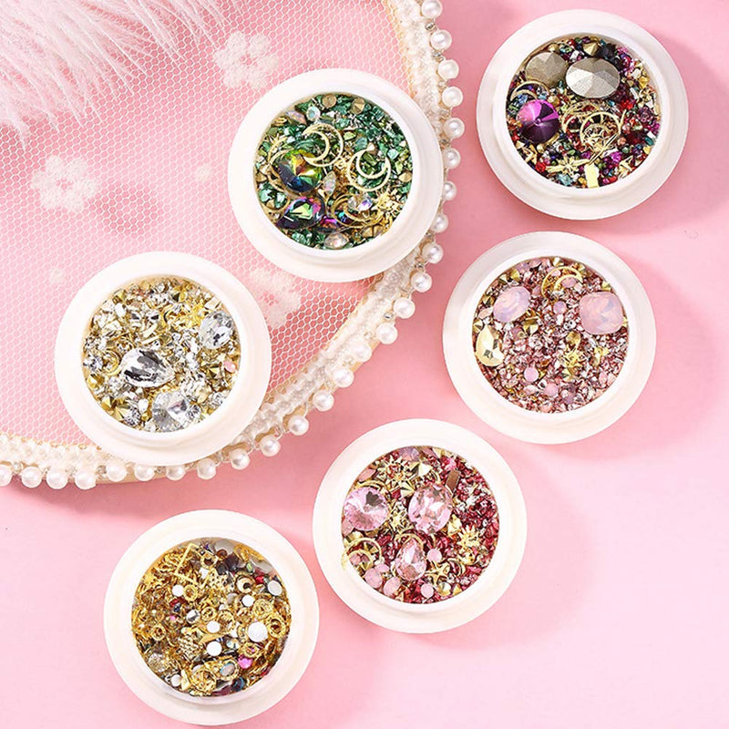 EBANKU 6 Boxes Mixed Nail Art Rhinestones Diamonds Crystals Beads Gems for 3D Nails Art Decoration Nail Art Supplies - BeesActive Australia