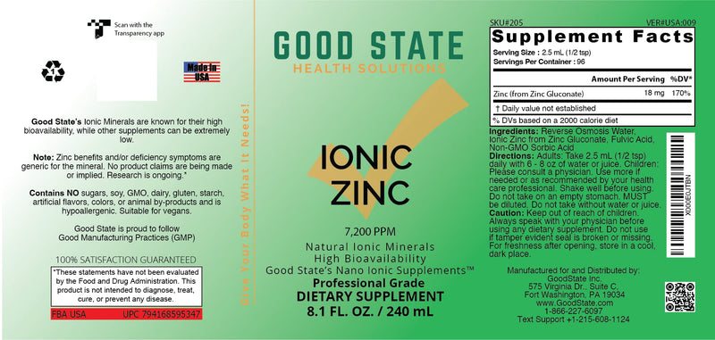 Good State | Liquid Ionic Zinc | Dietary Supplement | Great for Immune System | 96 Servings at 18 Mg | 8 Fl oz Bottle Orange 240 ml (Pack of 1) - BeesActive Australia
