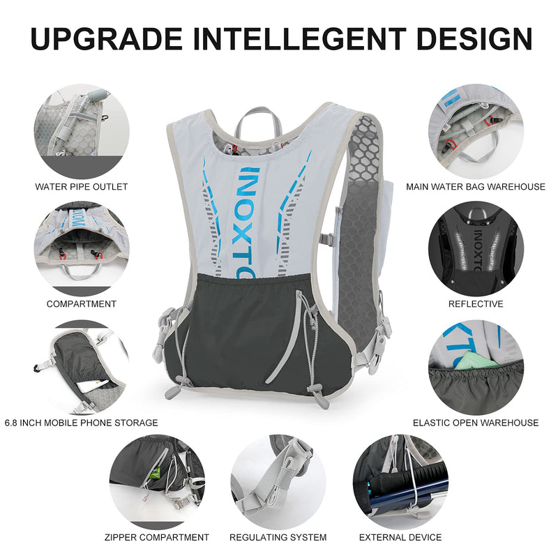 INOXTO Hydration Vest Backpack,Lightweight Water Running Vest Pack with 1.5L Water Bladder Bag Daypack for Hiking Trail Running Cycling Race Marathon for Women Men Kids Grey - BeesActive Australia