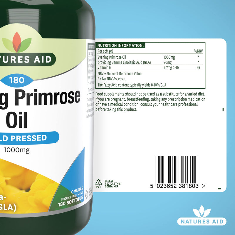 Natures Aid Evening Primrose Oil 1000 mg, Cold Pressed, Omega-6 GLA, 180 Softgel Capsules 180 Count (Pack of 1) - BeesActive Australia