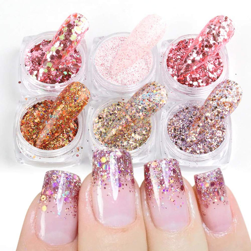 6 Boxes Nail Glitter Sequins Mixed Rose Gold Hexagon Glitter Set Holographic Nail Art DIY Sparkly Nail Acrylic Nails Tools Tips Charms Decoration designs Fashion women Manicure accessories - BeesActive Australia