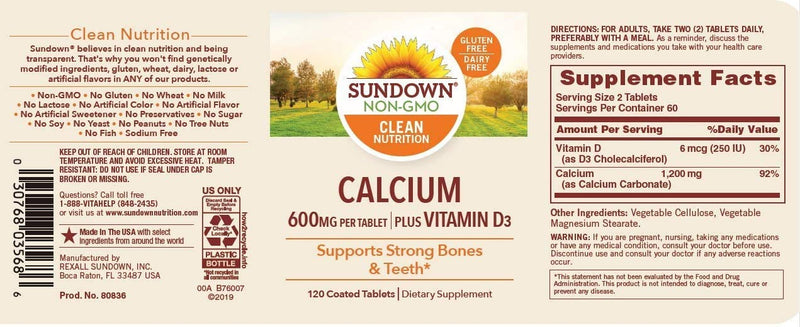Calcium & Vitamin D by Sundown, Immune Support & Bone Health, 600 mg Calcium & 250IU Vitamin D3, Gluten Free, Dairy Free, 120 Coated Tablets - BeesActive Australia