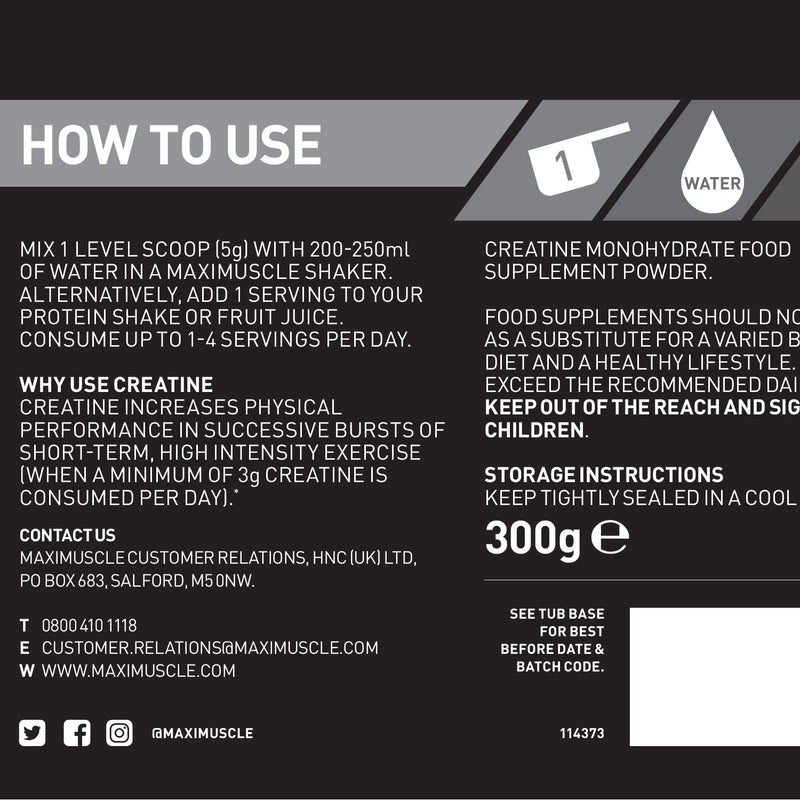 Maximuscle Creatine | Performance Boosting Creatine Monohydrate Powder | Unflavoured, 300g - 60 Servings - BeesActive Australia