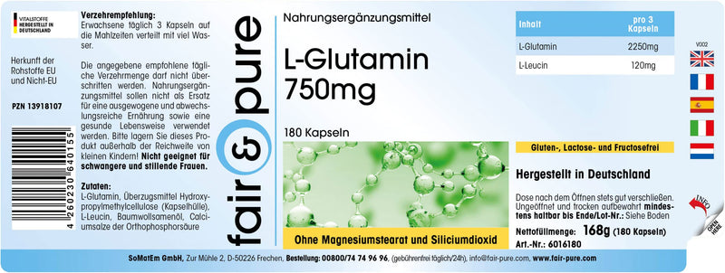 Fair & Pure L-Glutamine 750mg, in Free Form, Vegan, 750mg, 180 Capsules - BeesActive Australia