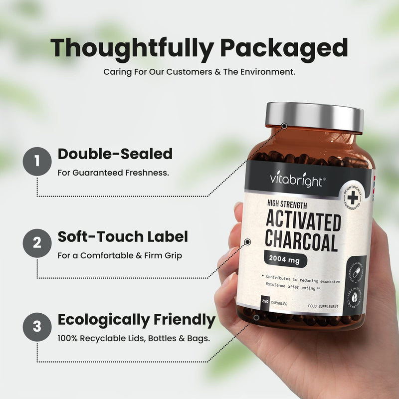 Activated Charcoal Capsules - 250 Capsules - 2004mg per Serving of 6 Capsules - from Natural Coconut Shell - for Indigestion, Bloating, Excessive Flatulence, Gas - Vegan - Made in UK by VitaBright - BeesActive Australia
