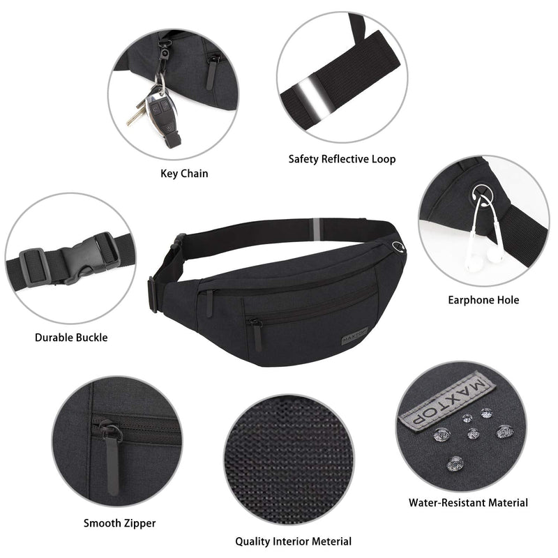 MAXTOP Large Crossbody Fanny Pack Belt Bag for Women Men with 4-Zipper Pockets Gifts for Enjoy Sports Yoga Festival Workout Traveling Running Hands-Free Wallets Waist Pack Phone Bag Fits All Phones Black(4 Zipper Pockets) - BeesActive Australia
